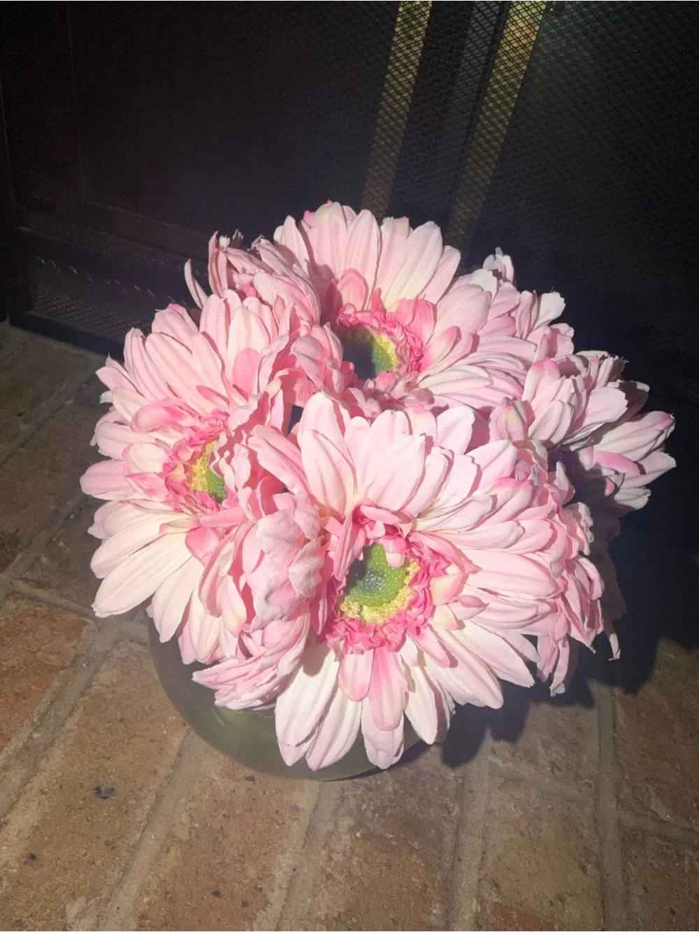 Pink Gerbera Daisy Faux Arrangement in Round Glass Vase - Home Accents
